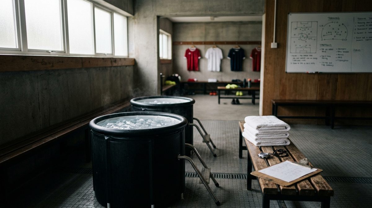 Salle de récupération avec bains froids près d’un vestiaire de football